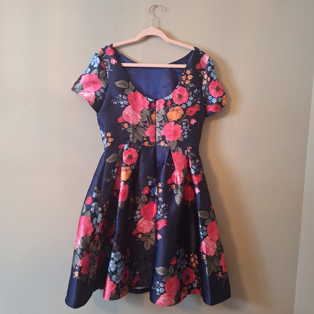 Floral Fit-and-Flare Dress in Navy with Pink Floral Print - Picture 3 of 14